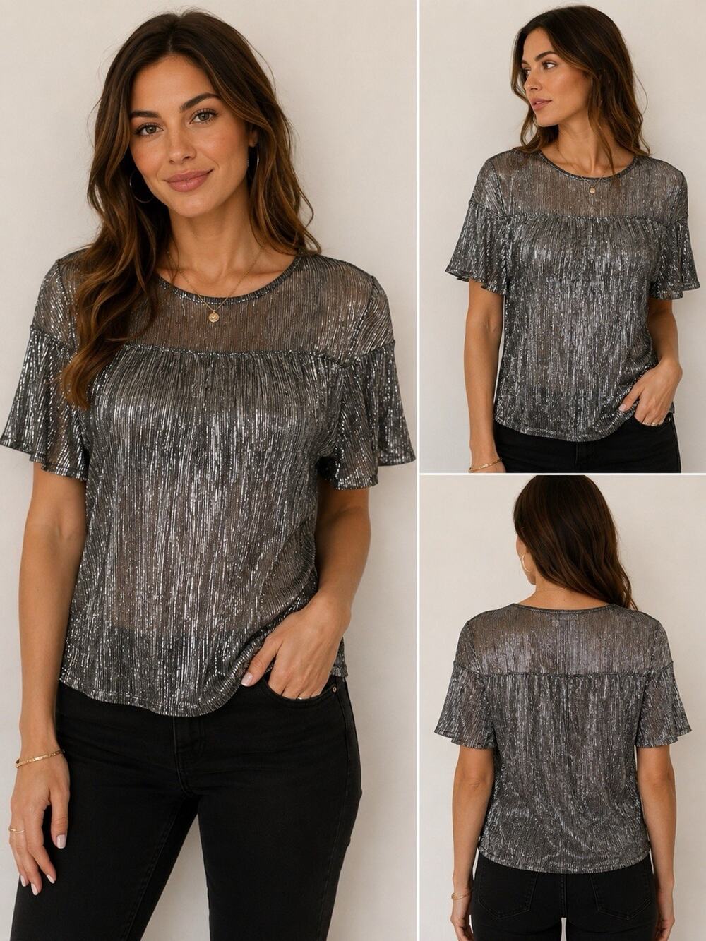 New York & Company Blouse M Soho Jeans Metallic Silver Pleated Ruffle Sleeve